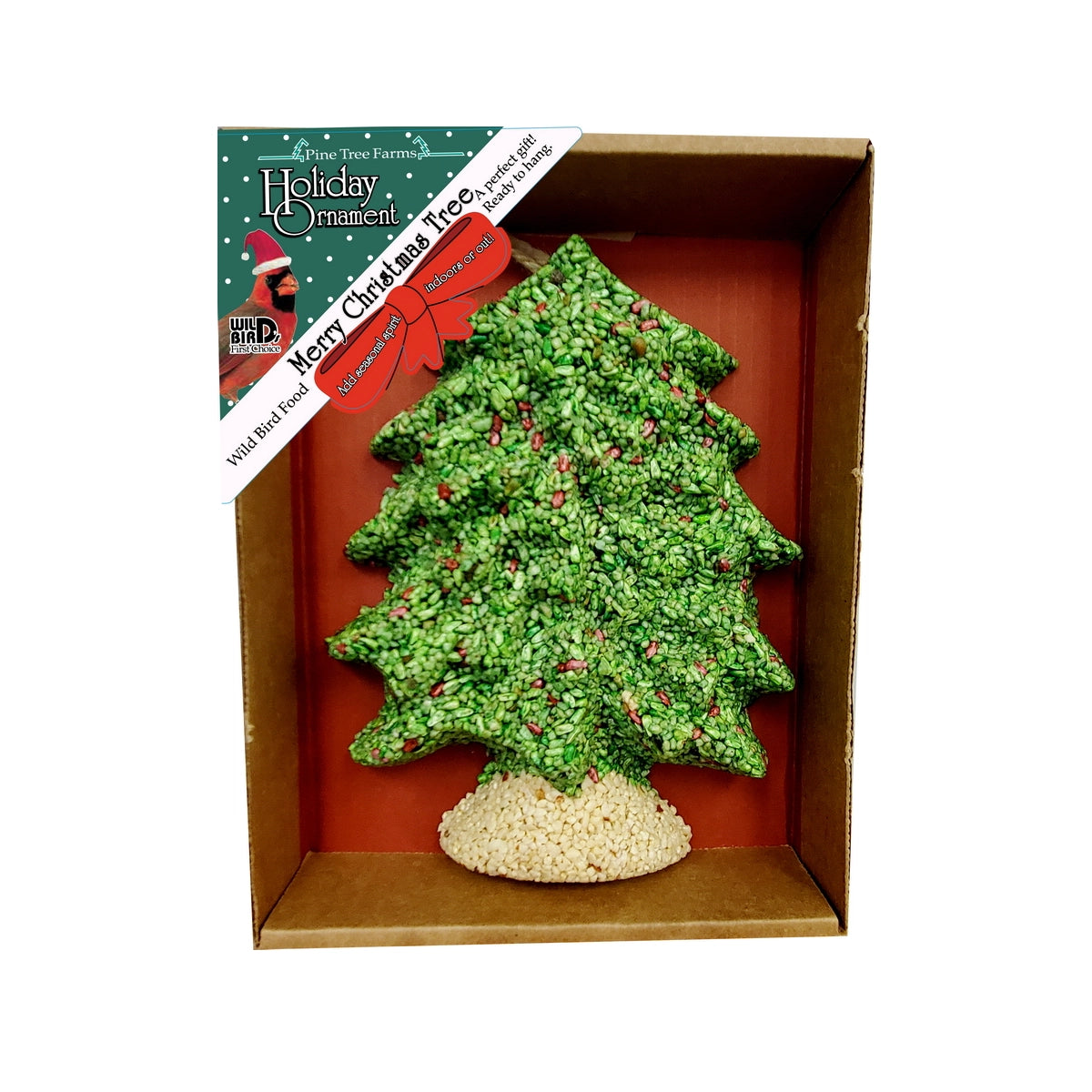 Merry Christmas Birdseed Tree, a bird feeder shaped like a Christmas tree with a beige trunk, made of peanut hearts and safflower, includes jute hanger.