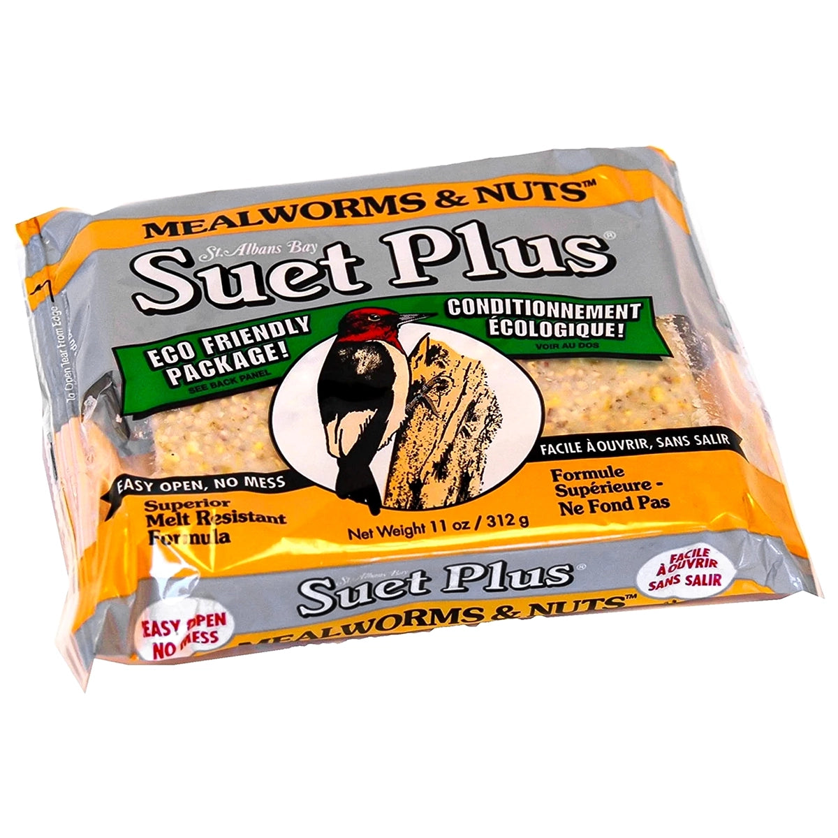 Mealworms & Nuts Suet, 12 Cakes: Packaged suet block with mealworms and nuts, featuring a woodpecker illustration. Easy-open, eco-friendly wrapper, 11 oz each, set of 12.