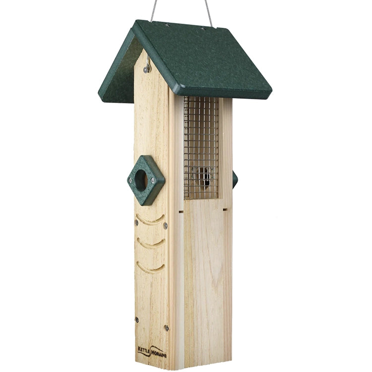 Hanging sunflower seed feeder with cedar construction and green recycled plastic roof.