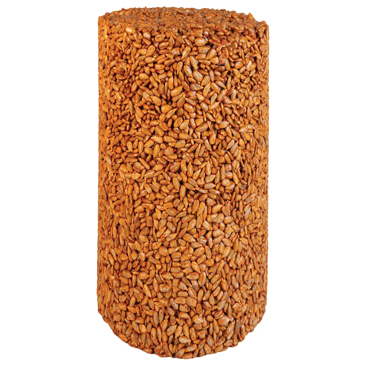 Sizzling Hearts Seed Cylinder, Small: Solid cylinder of sunflower seeds bound together, designed to hang in feeders, high-energy food for birds, deters squirrels.