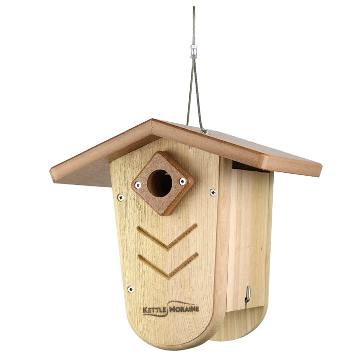 Cedar hanging birdhouse with brown recycled plastic roof and predator-resistant entrance
