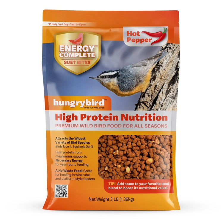 3 lb bag of Energy Complete Hot Pepper Suet Bites featuring a nuthatch, visible suet pellets, promoting high-protein, no-waste wild bird food suitable for all feeders.