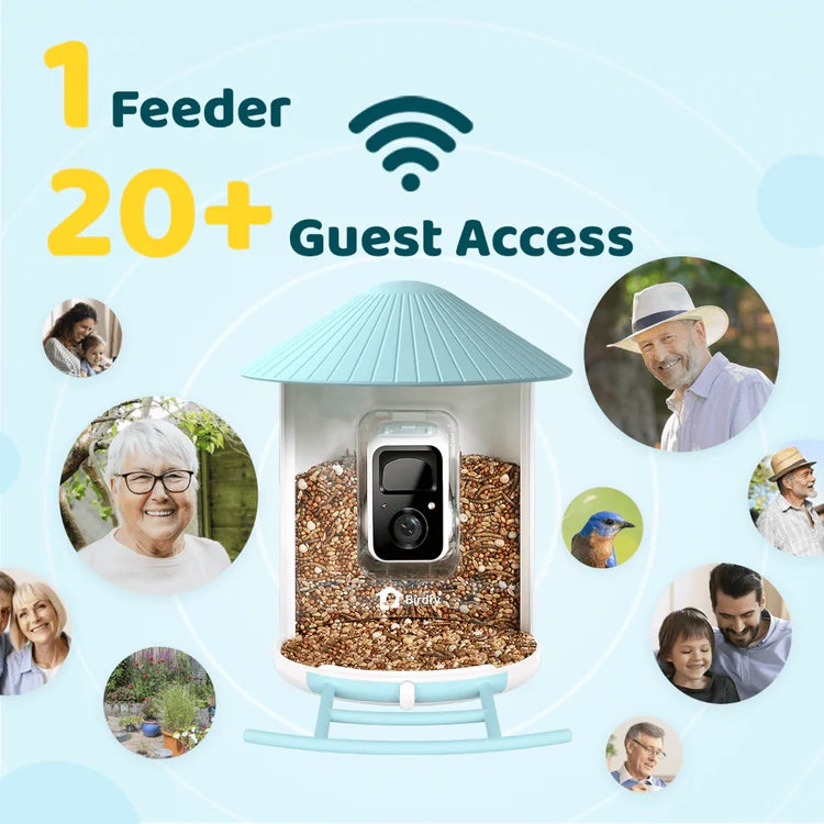 Birdfy Blue Solar Powered Bird Feeder with Camera, showing live-stream sharing capability for up to 20 guests, featuring a camera and seed-filled feeder.