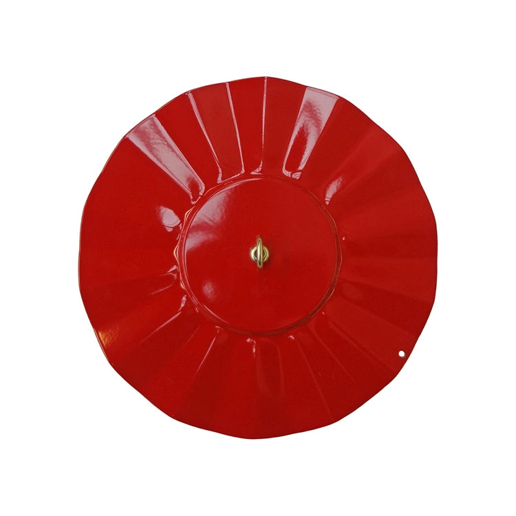 Red hanging weather baffle with white background.