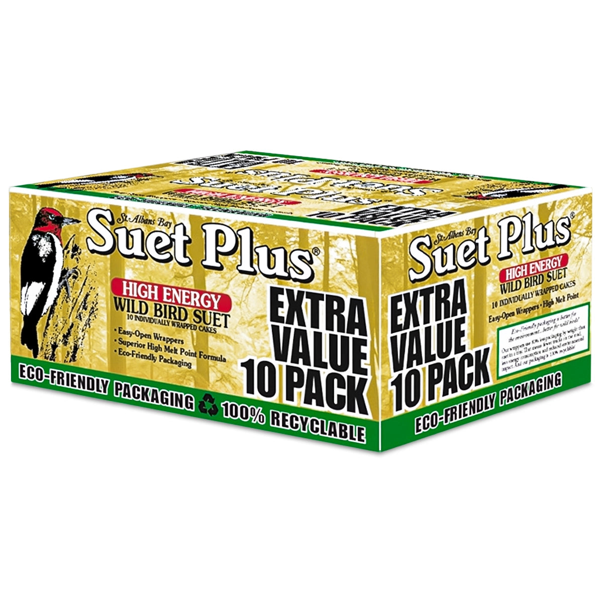 Suet Plus High Energy Suet Cakes, 10 Pack in eco-friendly box, features woodpecker illustration, easy-open wrappers, high melt point, attracts suet-loving birds.