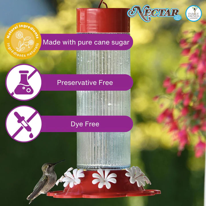 Step-by-step infographic showing how to open the pouch, pour ready-to-use nectar into a feeder, and enjoy easy hummingbird feeding.