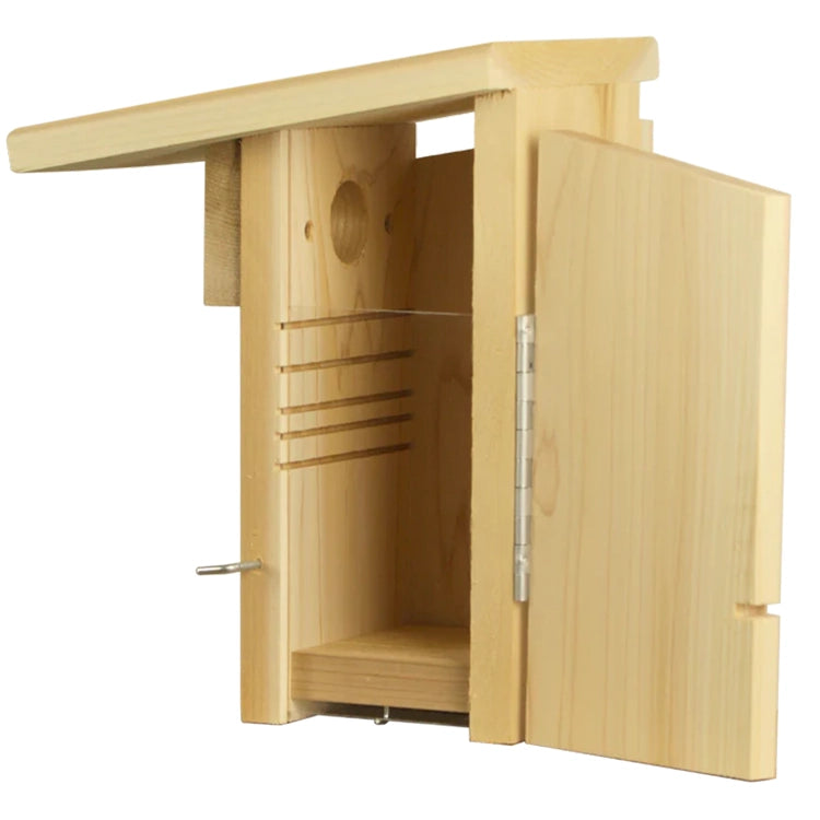 Interior of a cedar bluebird nest box with ventilation grooves and easy-access side door.