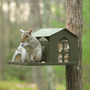 Metal Squirrel Feeder with squirrel lifting roof to access food, featuring a built-in porch area, post-mount, and rear-mount options.