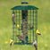 Duncraft Squirrel Proof Selective: Green wire-caged tube feeder with mixed seeds, attracting six songbirds, including goldfinches and a Chickadee, feeding through six ports.