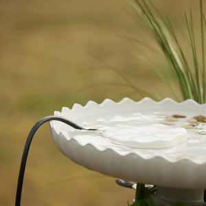 Heated Rock Bird Bath De-icer in white scalloped birdbath with water, decorative pebbles, and a small fountain pump. Tall ornamental grass in background.