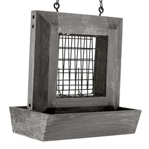 Rustic Farmhouse Wood Window Suet Feeder & Seed Box hanging from a chain, made of solid wood with a distressed finish, designed to hold suet cakes and seeds.