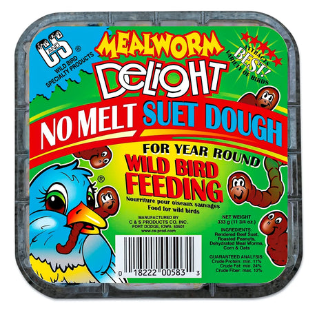 Mealworm Delight Suet Dough block for birds, featuring no-melt formula with beef suet, peanuts, corn, oats, and mealworms, packaged by C & S Specialty Products.