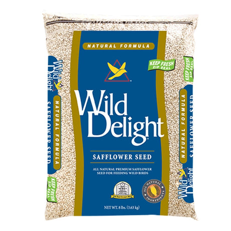 Wild Delight Safflower Seed, 8-lb bag, shown in clear packaging, ideal for attracting cardinals and grosbeaks while deterring squirrels, perfect for various bird feeders.
