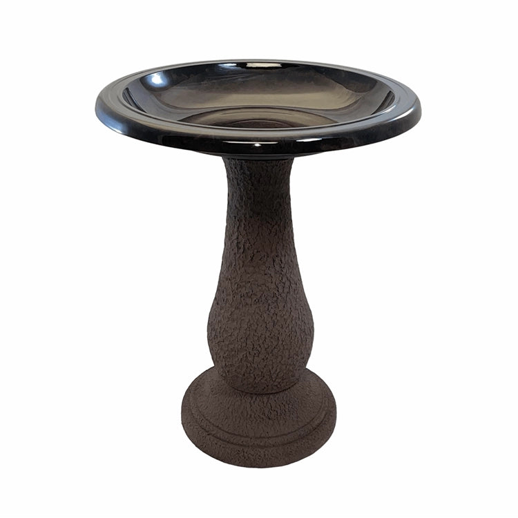 Bronze glossy fiber clay birdbath with textured bronze pedestal stand