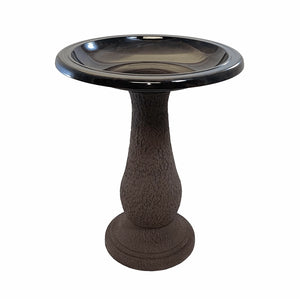 Bronze glossy fiber clay birdbath with textured bronze pedestal stand
