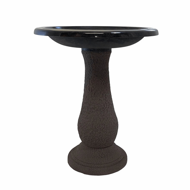 Bronze fiber clay birdbath bowl and pedestal, black basin, front view