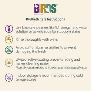 Fiber clay birdbath care instructions: cleaning, rinsing, and cold-weather storage tips
