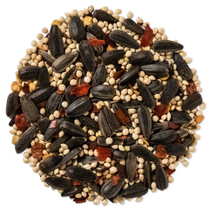 Brown's No Squirrels…Just Birds!™ sunflower seed blend in a 5-lb bag, featuring a mix of black oil sunflower seeds and white proso millet.