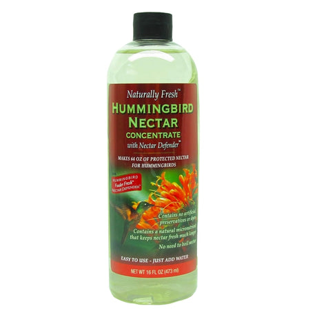 16 fl oz bottle of Naturally Fresh Hummingbird Nectar Concentrate, a clear, all-natural formula using Nectar Defender, makes 64 oz. of fresh hummingbird nectar when diluted with water.