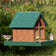 Duncraft Country Barn Feeder with a green roof, feeding tray, and three songbirds perched; includes clearview windows and metal mesh drainage.