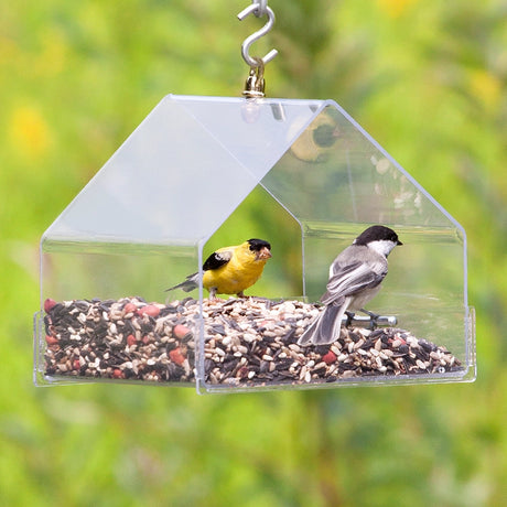 Duncraft Hanging Chalet bird feeder with a yellow bird perched inside, featuring clear plastic siding and two perches for easy bird viewing and feeding.