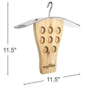 Dimensions of a cedar bark butter feeder measuring 11.5 inches high by 11.5 inches wide.