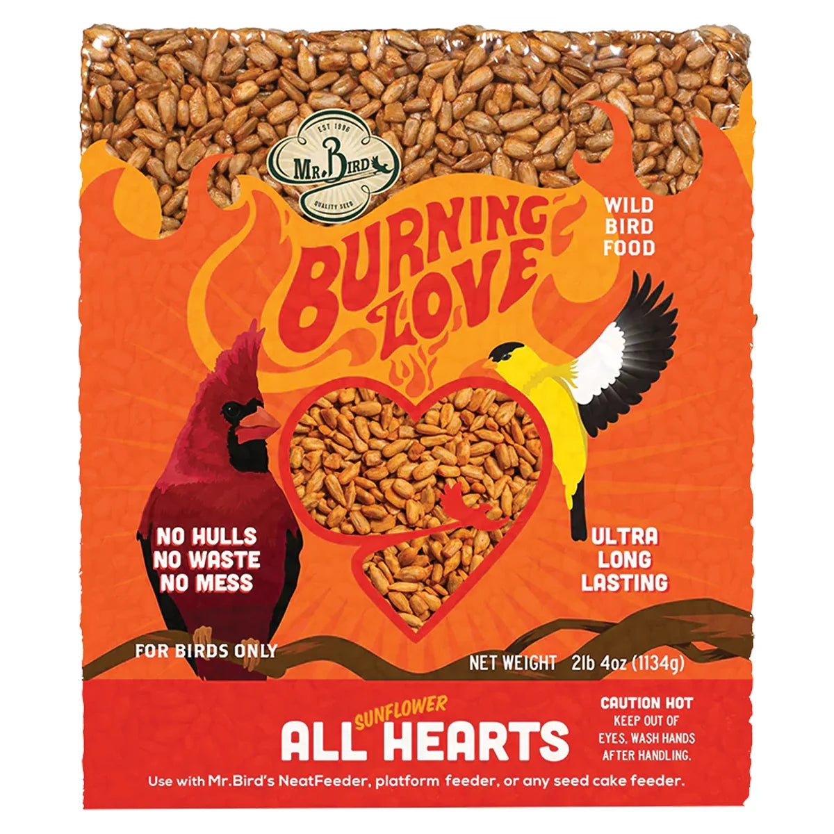 Burning Love Block Large: 2-lb 4-oz bag of sunflower hearts, bird food only. Features No hulls, no waste, with cardinal and goldfinch illustrations.