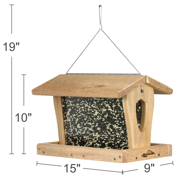 Large hopper bird feeder measures 19 inches high with a 15 x 9 inch feeding footprint.