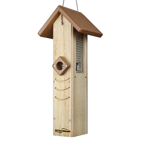 Hanging sunflower seed feeder with cedar body, wire mesh sides, and chocolate recycled plastic roof.