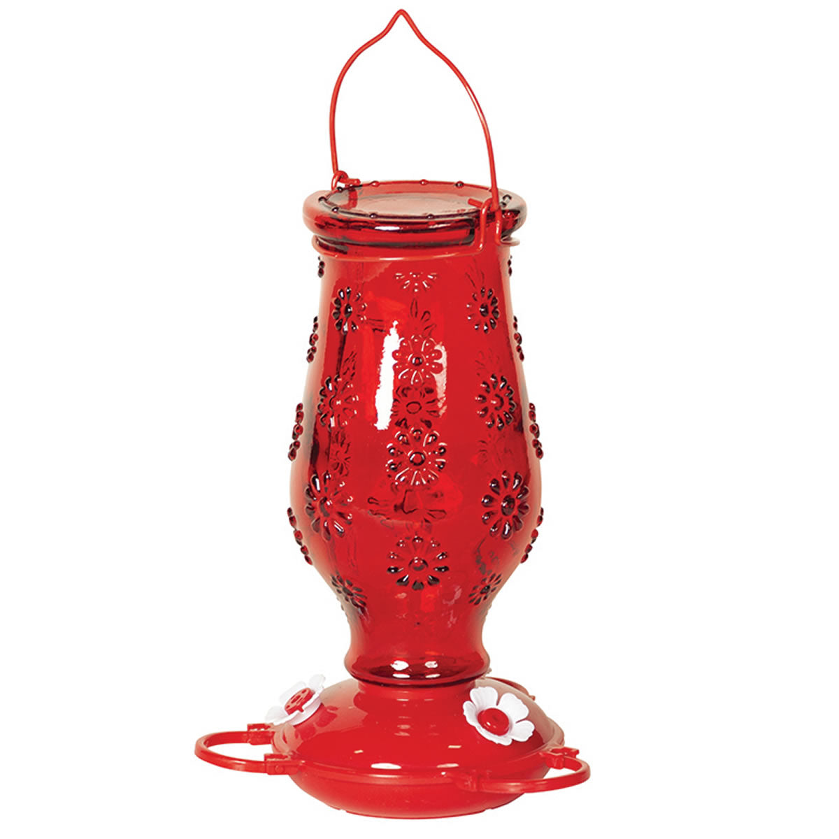 Red Floral Glass Hummingbird Feeder with red glass, white flower-shaped feeding ports, and a wire hanger for easy installation.