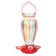 Colored Stripes Glass Hummingbird Feeder with rainbow glass, red base, three white flower ports, and hanger for outdoor use; easy to clean and fill.