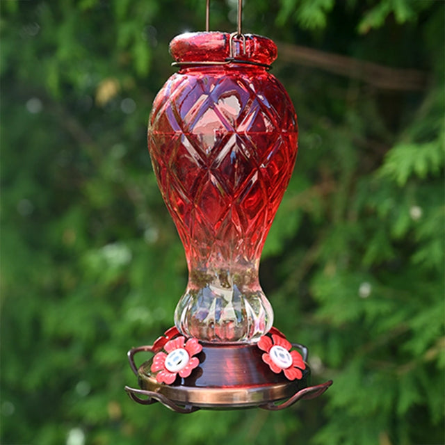 Red Jewel Glass Hummingbird Feeder with ombre design, hanging outdoors, ideal for attracting hummingbirds and enhancing garden decor.