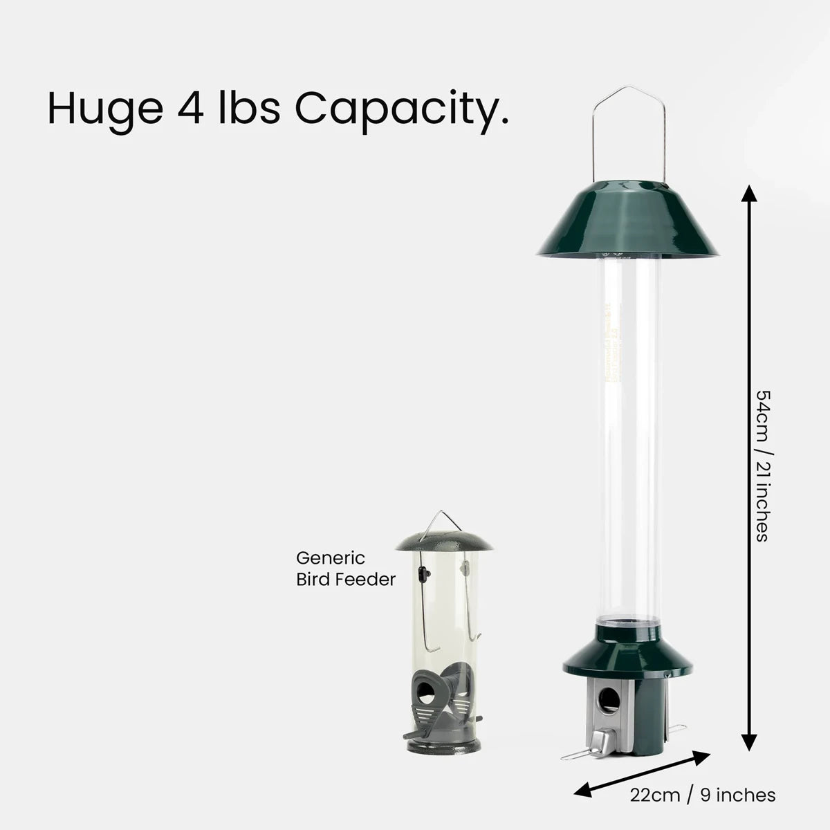 PestOff Squirrel Proof Bird Feeder 2.0, green metal with clear tube, 54 cm tall, holds 4 lbs seed, features spring-loaded perches to deter squirrels.