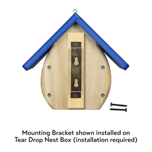 Back view of teardrop birdhouse showing optional mounting bracket for tree, fence, or post installation.