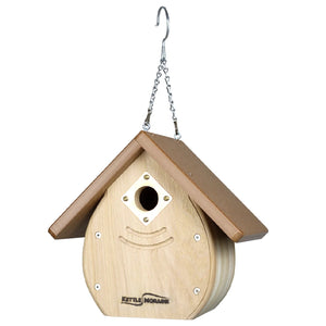 Decorative teardrop nest box featuring a weather-resistant brown roof and predator-resistant entrance.