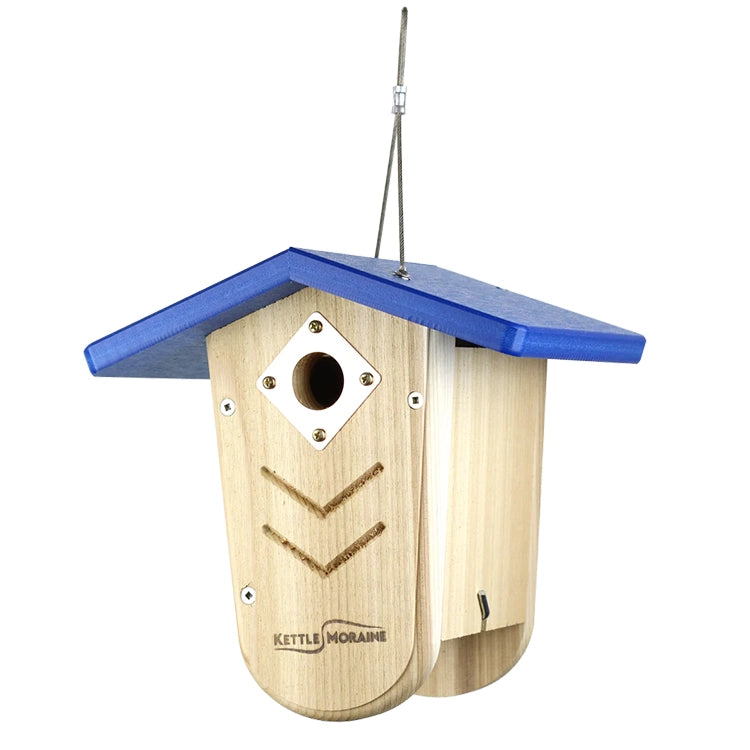 Cedar hanging birdhouse with blue recycled plastic roof and weather-resistant construction.