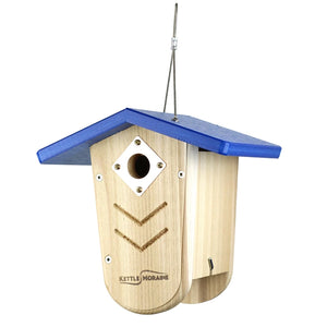 Cedar hanging birdhouse with blue recycled plastic roof and weather-resistant construction.