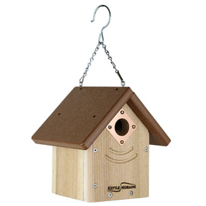 Decorative cedar nest box with brown recycled-plastic roof and predator-resistant entrance guard.
