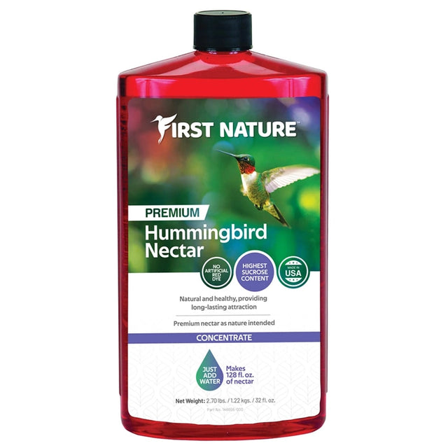First Nature Hummingbird Red Nectar Concentrate, 32 oz. bottle with label, ready to mix for attracting hummingbirds; yields up to 128 ounces of nectar.