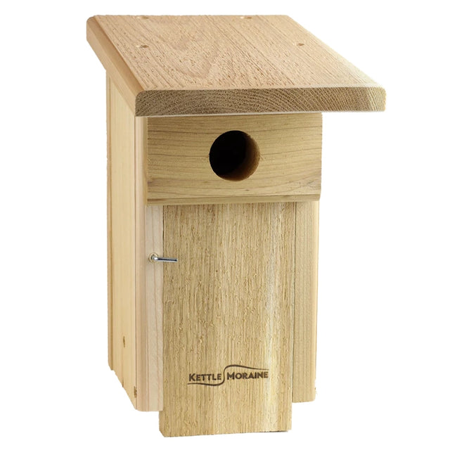 Weather-resistant cedar bluebird house designed for Eastern Bluebirds and other cavity-nesting birds.