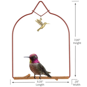 Decorative hummingbird ornament with measurements on a white background