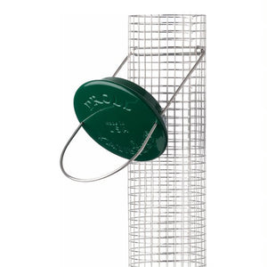 New Generations Metal Peanut Feeder with green cap, featuring durable zinc die cast metal design and stainless steel mesh, ideal for woodpeckers.