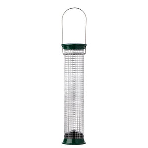 New Generations Metal Peanut Feeder with green handle, featuring a durable zinc die-cast cage and sliding cap for easy top filling and squirrel resistance.