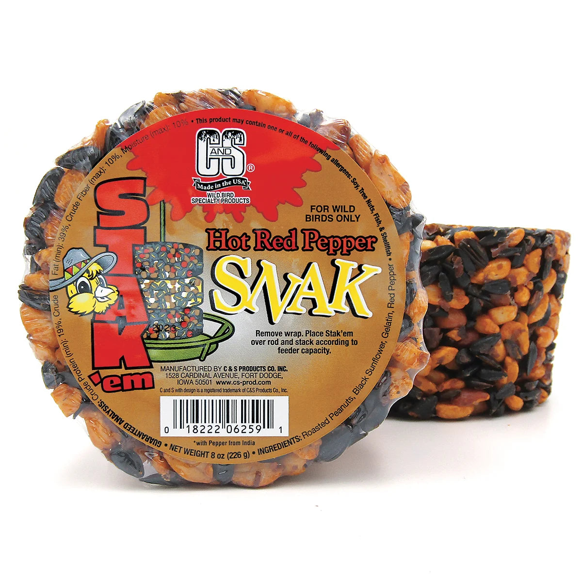 Hot Red Pepper Snak™ Stak'em, Set of 4, wild-bird treat with black oil sunflower seeds and peanuts, bound together with gelatin and red pepper, ready for feeders.