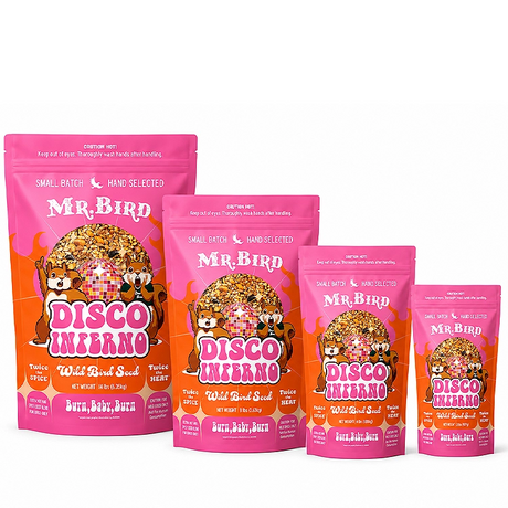 Five stand-up pouches of Mr. Bird Disco Misantra wild bird seed in assorted sizes, arranged from largest to smallest on a white background.