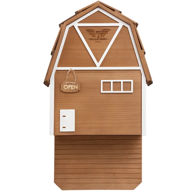 Big Bat Barn 3 Chamber Premium Cedar bat house resembling a barn, with a natural wood finish, white trim, and OPEN sign at the entrance.