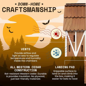 Big Bat Barn 3 Chamber Premium Cedar, Brown diagram highlighting vents, all Western cedar construction, and textured landing pad, emphasizing airflow, durability, and ease of bat entry.