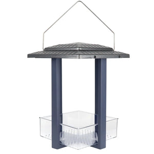 Nature's Way Fly-in Hanging Metal Fly Through Bird Feeder with roof, three seed cups, four supports, and metal loop for hanging, featuring a removable seed tray.