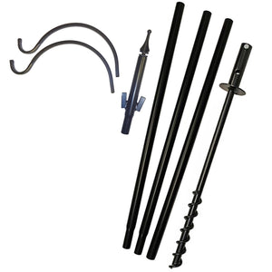 Two Arm Feeding Station with Twister Ground Socket, shown disassembled with tubular poles, auger base, spear top, and S-hooks for easy assembly and secure bird feeder hanging.