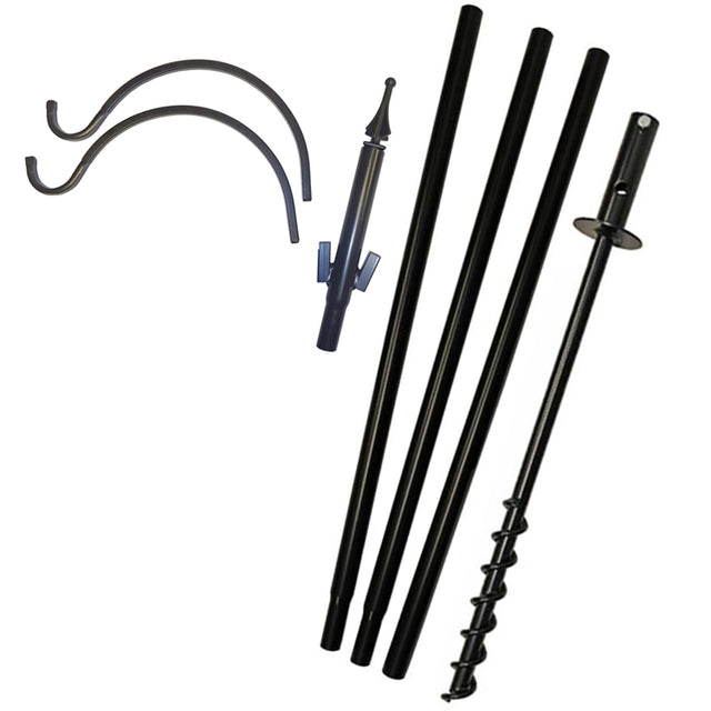 Two Arm Feeding Station with Twister Ground Socket, shown disassembled with tubular poles, auger base, spear top, and S-hooks for easy assembly and secure bird feeder hanging.